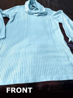 PULLOVER, KNIT, TWO NECKLINES: COWL & ROUND, POWDER BLUE, SIZE 2X, LONG,